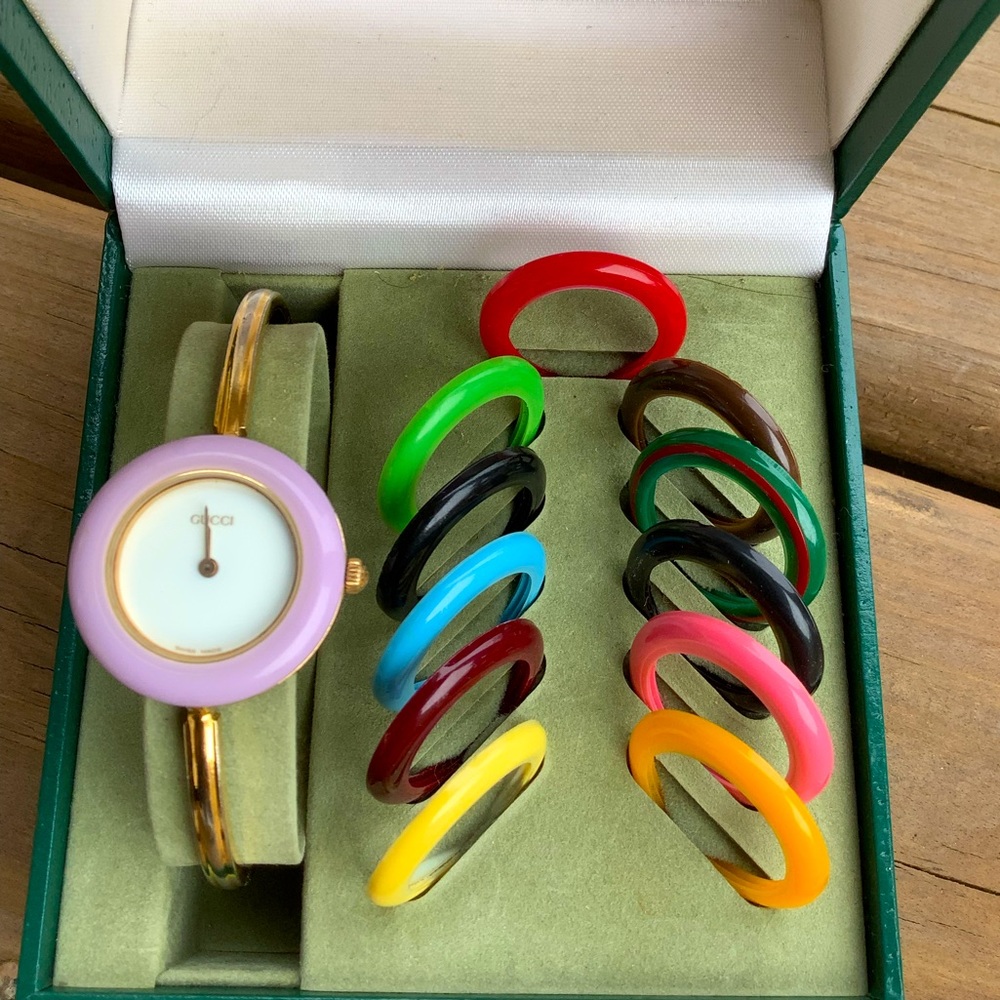 Gucci bangle watch with colorful bezels